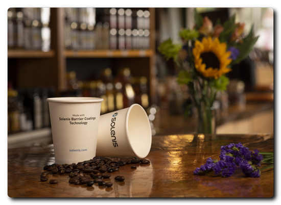 Solenis TopScreen™ recyclable and compostable barrier coatings technology replaces plastic liners for fiber to-go cups.