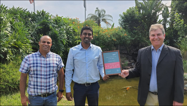 Energy Drive’s David Classens presents Buckman South Africa’s Mukesh Ramatar, Plant Manager, and Rolf Breidenbach, General Manager, with a milestone achievement certificate. The certificate was awarded in recognition of Buckman surpassing 4.0M kWh of energy saved. This equates to 4.16M kg of CO2 eliminated, 5.5M liters of water saved and 2.74M kg of coal and ash not used or generated.