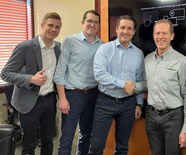 From left to right: Christoph Leitner, Sales Manager, ANDRITZ; Jake Hyland, Director of Sales, ANDRITZ; Michael Rupp, Vice President Panelboard Systems, ANDRITZ; Jim Salchenberg, Director of Engineering, Construction, Automation & Robotics, Roseburg “Photo: ANDRITZ”. 