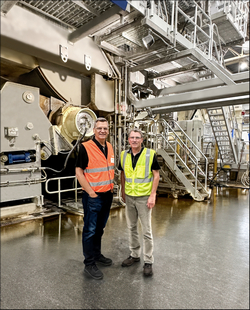 (From left to right): Michael Drage, President of Toscotec North America, and Michael Bogenschutz, Vice President and General Manager of Shawano Specialty Papers in front of PM3 at Shawano facility in Wisconsin, USA. 