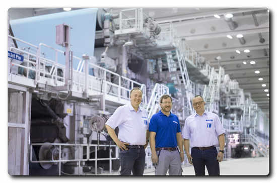 LEIPA PM 5 project team, from left to right: Martin Kaltenegger, Project Manager LEIPA PM 5, Christian Merz, Chief Commissioning Engineer Voith Paper, Falk Friedrich, Plant Manager LEIPA Schwedt Nord